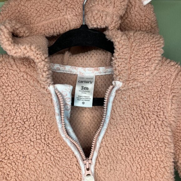 Carters Pink Sherpa Footless One Piece with Bear Ears 3M - Picture 2 of 3